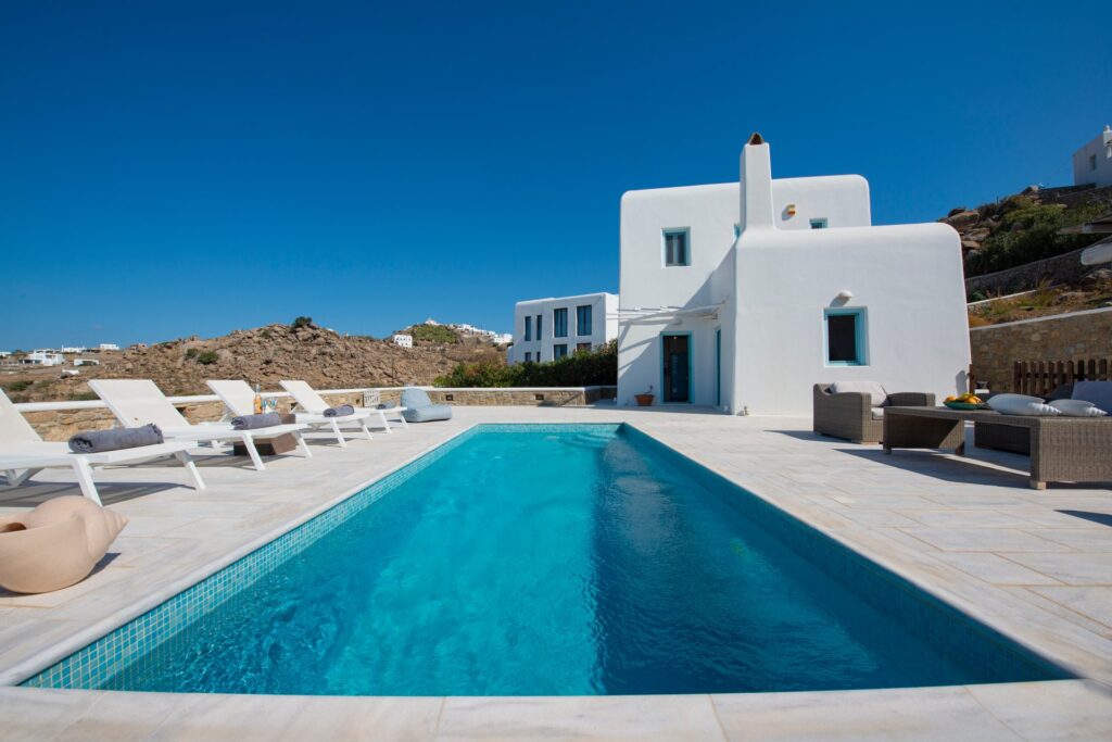 Private pool and whitewashed villa at Villa Danelina in Agios Lazaros, Mykonos