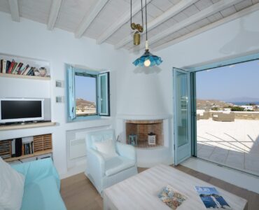 Living room with terrace door at Villa Danelina in Agios Lazaros, Mykonos