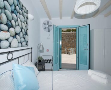 Bedroom with terrace doors at Villa Danelina in Agios Lazaros, Mykonos