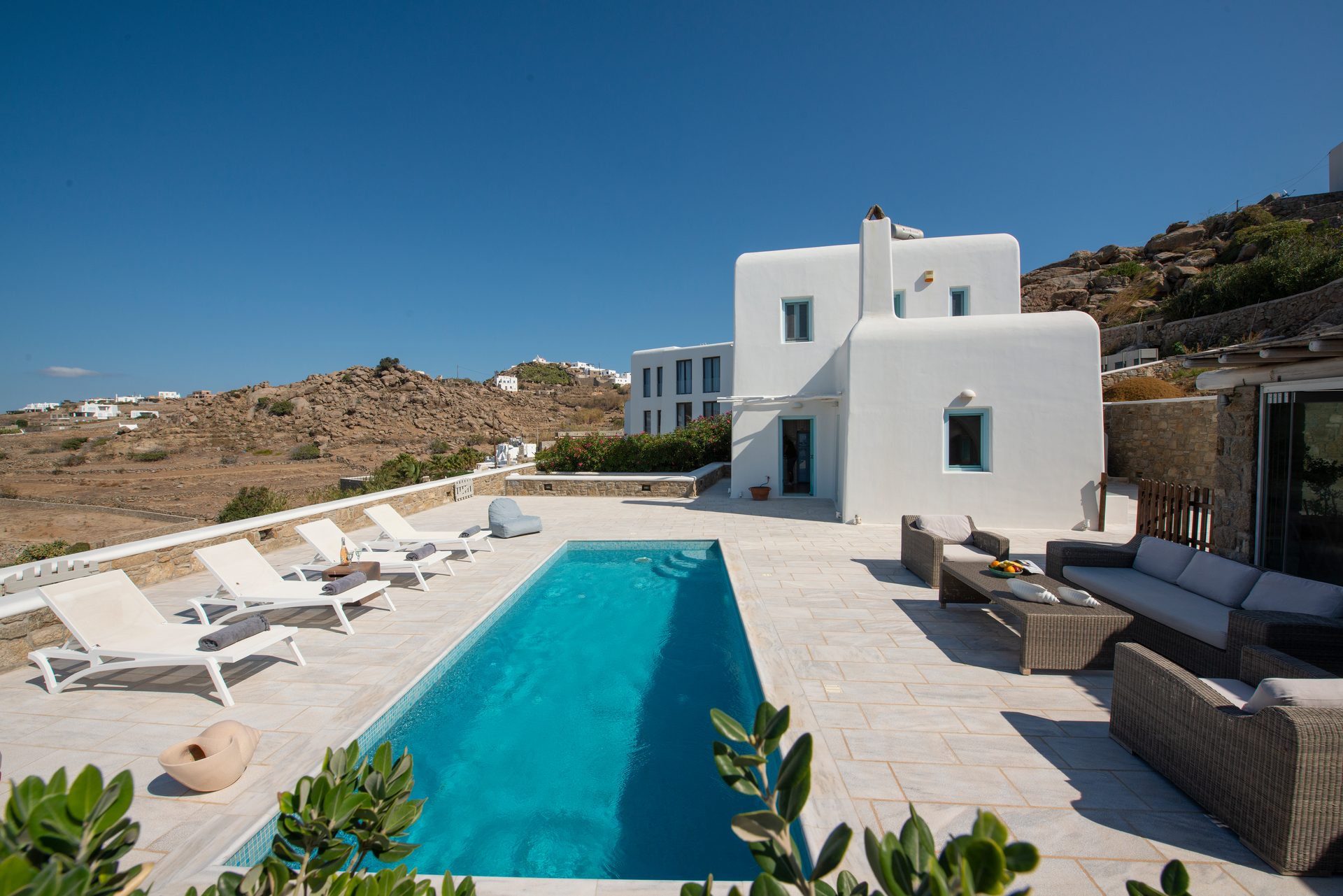 Pool and villa facade at Villa Danelina in Agios Lazaros, Mykonos