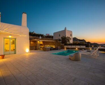 Villa lit at dusk at Villa Danelina in Agios Lazaros, Mykonos