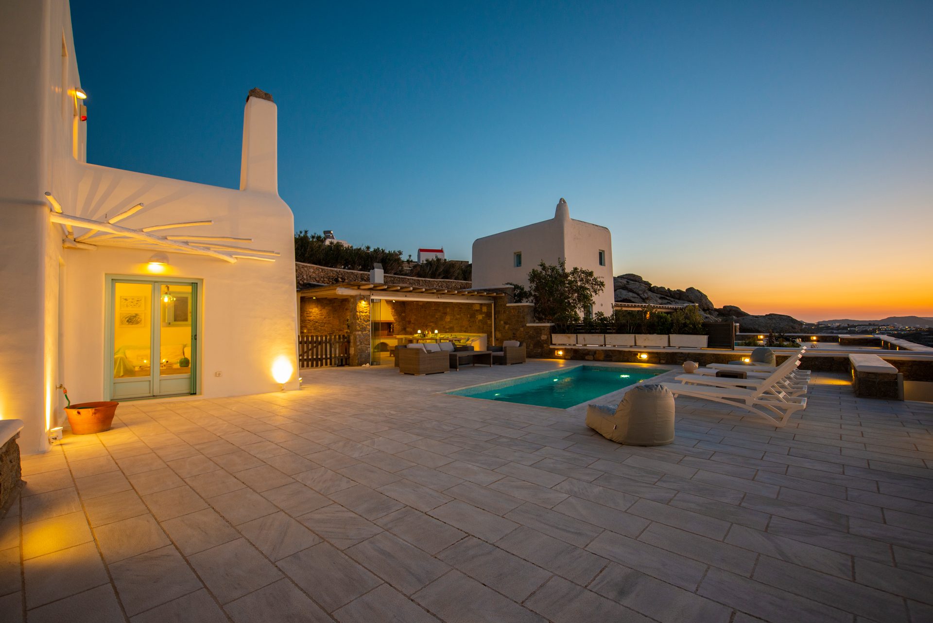 Villa lit at dusk at Villa Danelina in Agios Lazaros, Mykonos