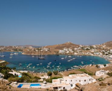 View over Ornos bay at Villa Danelina in Agios Lazaros, Mykonos