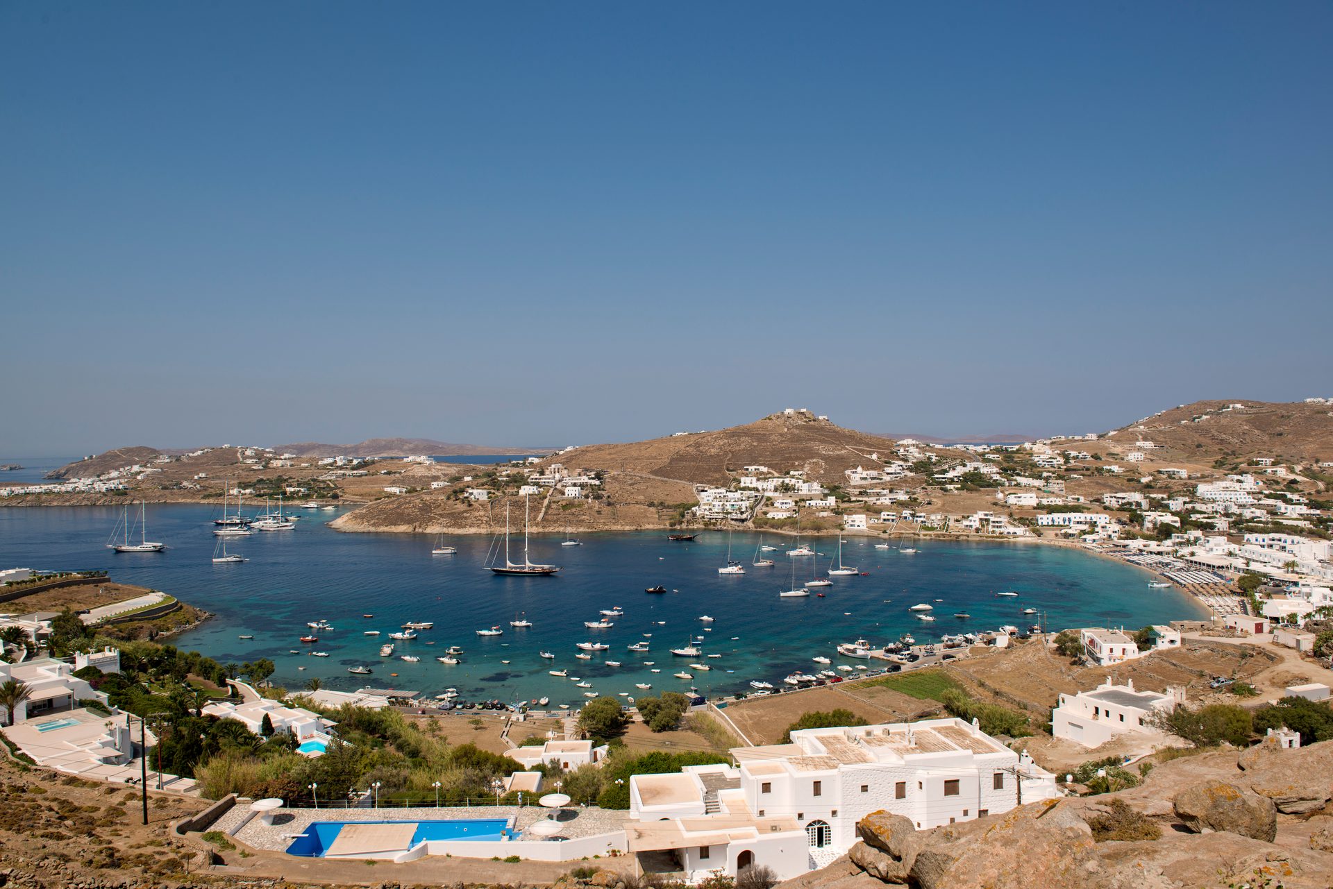 View over Ornos bay at Villa Danelina in Agios Lazaros, Mykonos