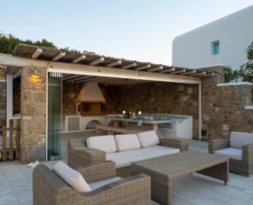 Covered outdoor lounge at Villa Danelina in Agios Lazaros, Mykonos
