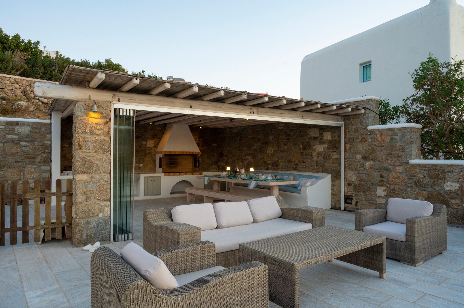 Covered outdoor lounge at Villa Danelina in Agios Lazaros, Mykonos