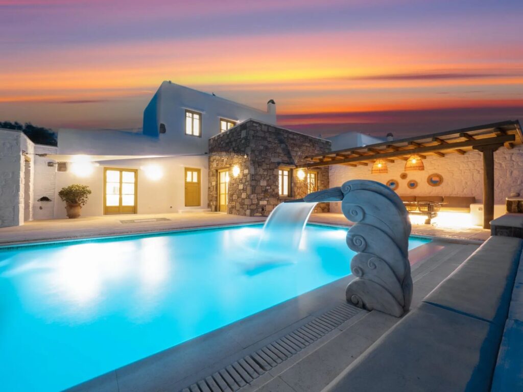 Private pool at sunset at Villa Gaia in Psarou, Mykonos