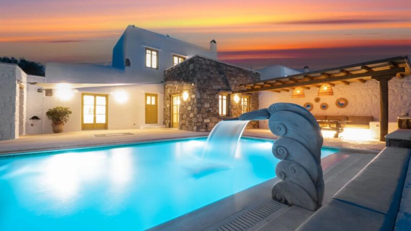 Private pool at sunset at Villa Gaia in Psarou, Mykonos