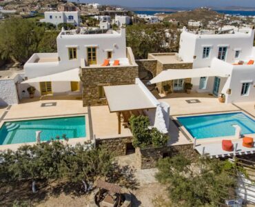 Aerial view of the villa and surroundings at Villa Gaia in Psarou, Mykonos