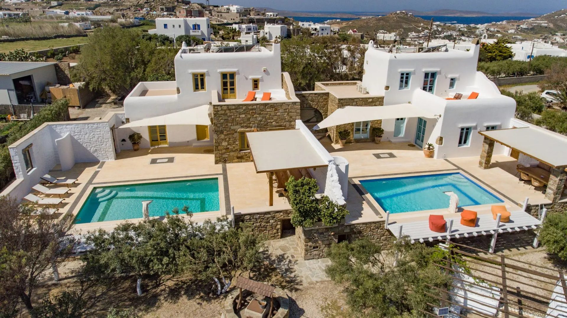 Aerial view of the villa and surroundings at Villa Gaia in Psarou, Mykonos