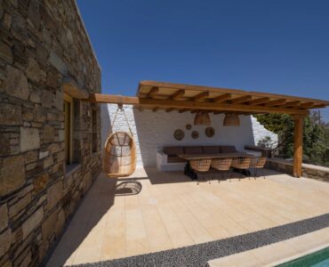 Pergola dining area at Villa Gaia in Psarou, Mykonos