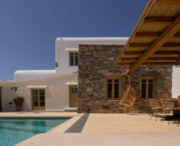 Courtyard and pergola at Villa Gaia in Psarou, Mykonos