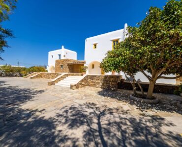 Villa exterior and garden at Villa Gaia in Psarou, Mykonos