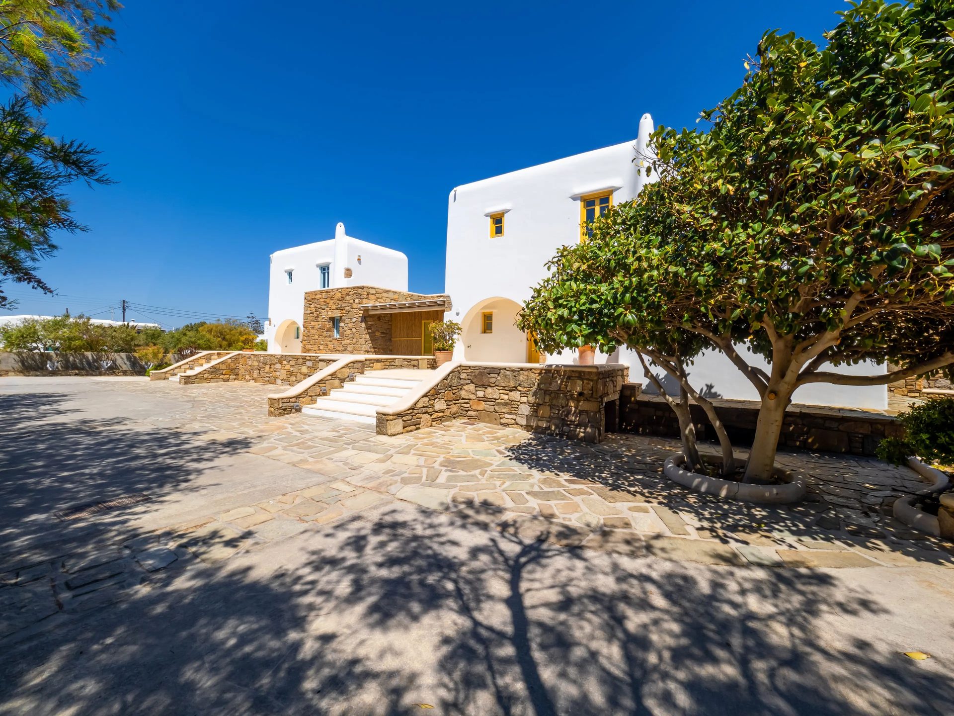 Villa exterior and garden at Villa Gaia in Psarou, Mykonos