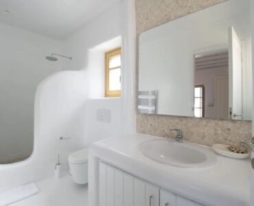 Bathroom vanity at Villa Gaia in Psarou, Mykonos