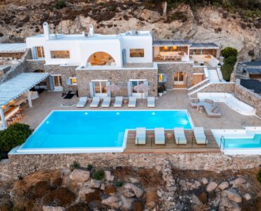 Aerial view of Villa Kymothea in Agios Lazaros, Mykonos