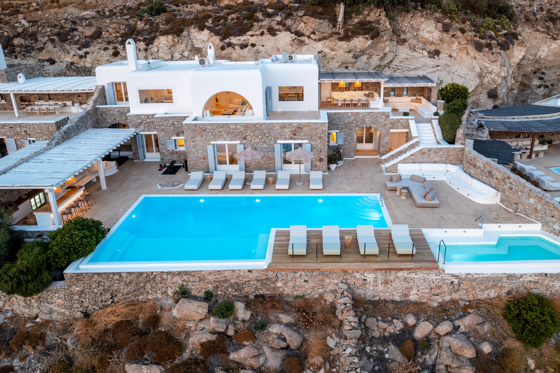 Aerial view of Villa Kymothea in Agios Lazaros, Mykonos