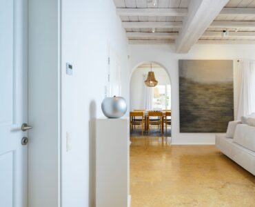 Hallway to the living room at Villa Kymothea in Agios Lazaros, Mykonos