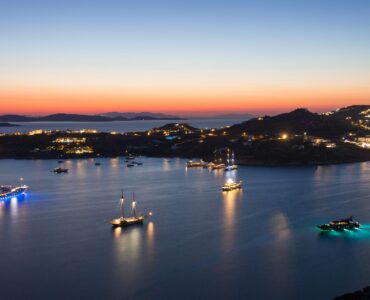 Ornos bay at night at Villa Kymothea in Agios Lazaros, Mykonos