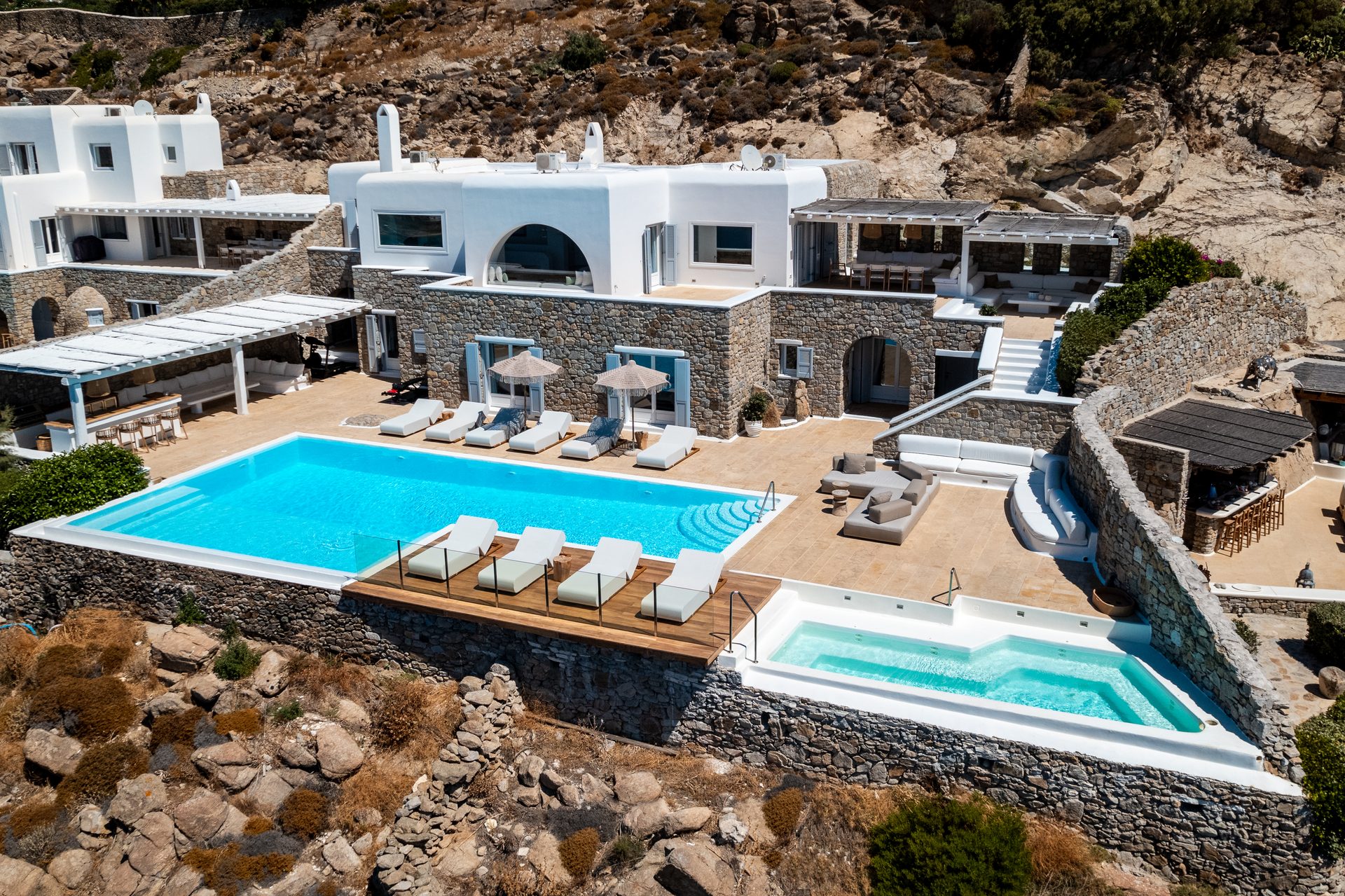 Pool and jacuzzi from above at Villa Kymothea in Agios Lazaros, Mykonos