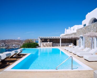 Pool and villa at Villa Kymothea in Agios Lazaros, Mykonos