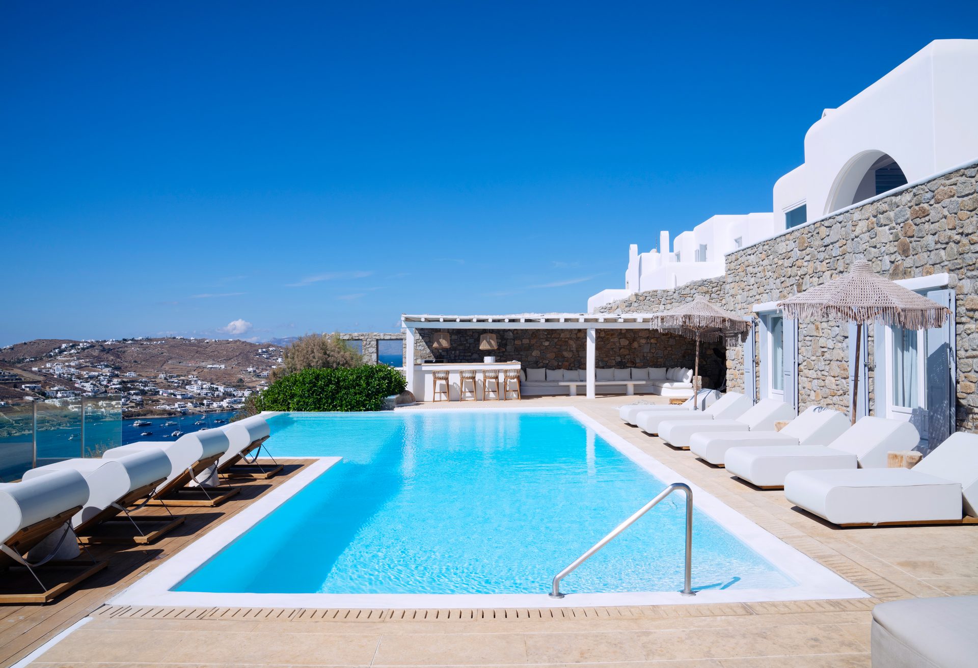 Pool and villa at Villa Kymothea in Agios Lazaros, Mykonos