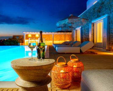 Pool at night at Villa Kymothea in Agios Lazaros, Mykonos