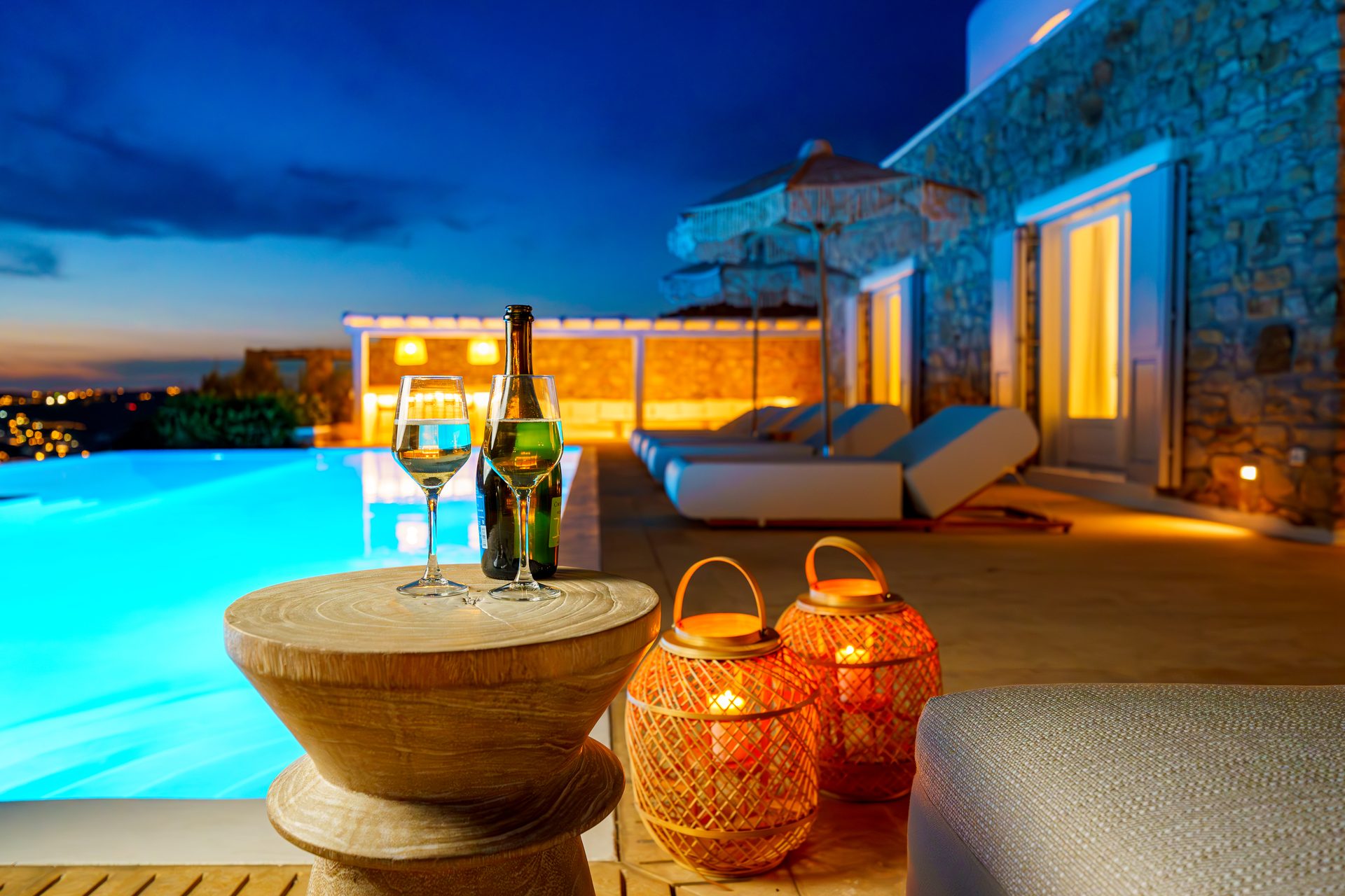 Pool at night at Villa Kymothea in Agios Lazaros, Mykonos