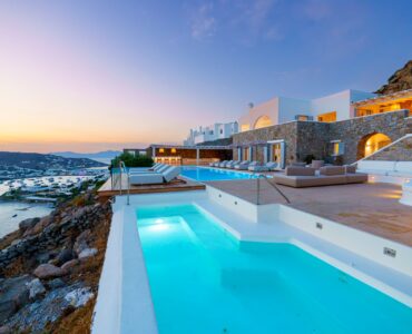 Pool at sunset at Villa Kymothea in Agios Lazaros, Mykonos