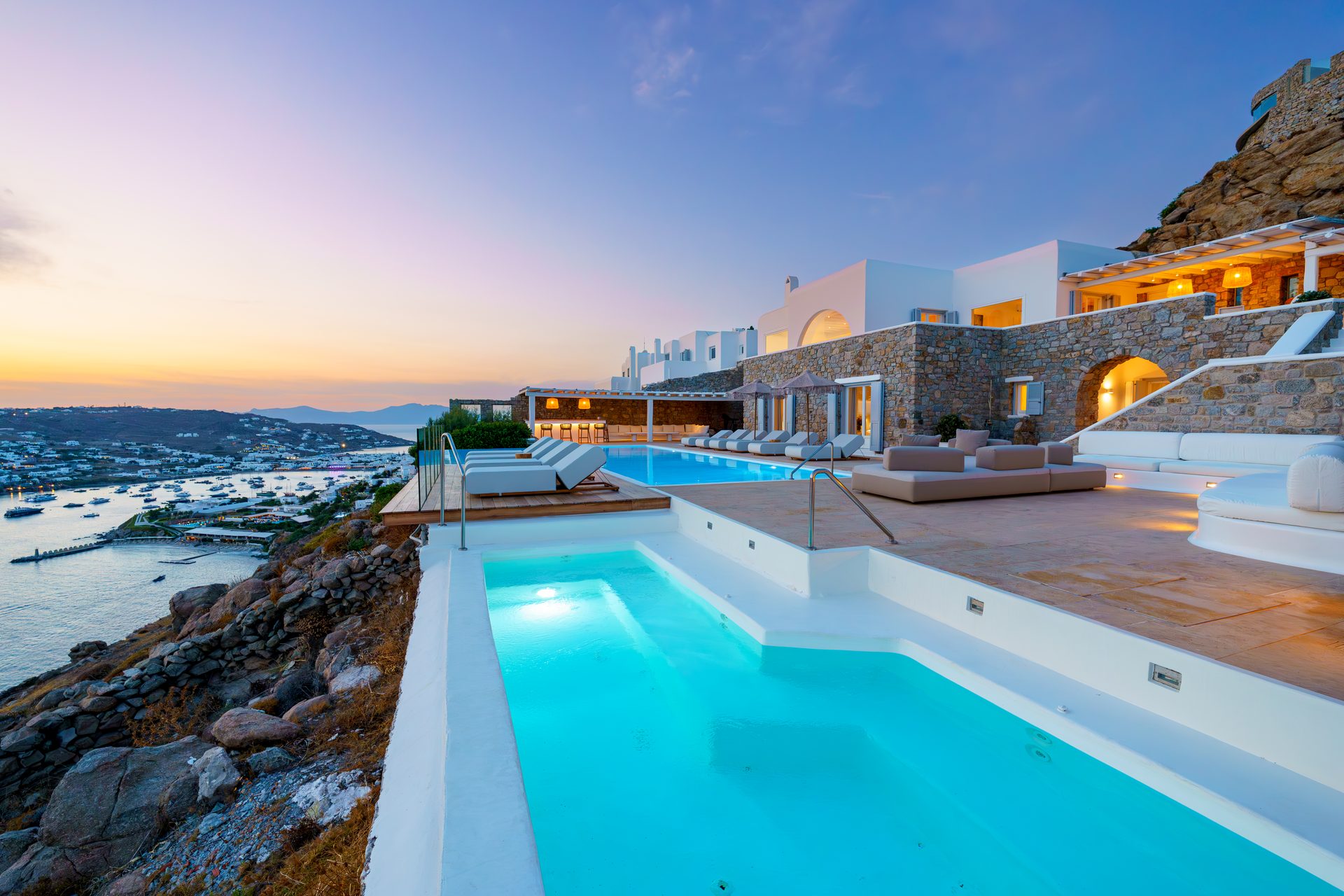 Pool at sunset at Villa Kymothea in Agios Lazaros, Mykonos