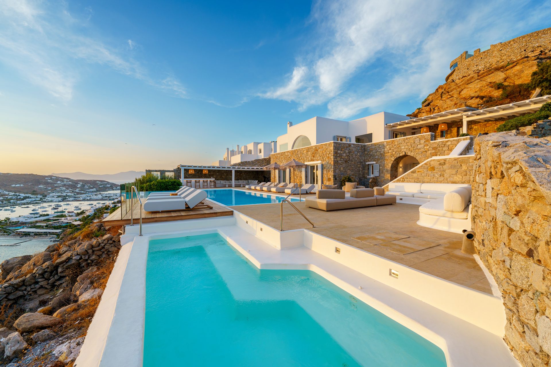 Pool looking back towards the villa at Villa Kymothea in Agios Lazaros, Mykonos