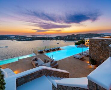 Terrace at sunset at Villa Kymothea in Agios Lazaros, Mykonos