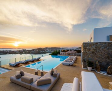 Terrace at sunset at Villa Kymothea in Agios Lazaros, Mykonos