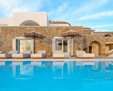 Villa facade and pool at Villa Kymothea in Agios Lazaros, Mykonos