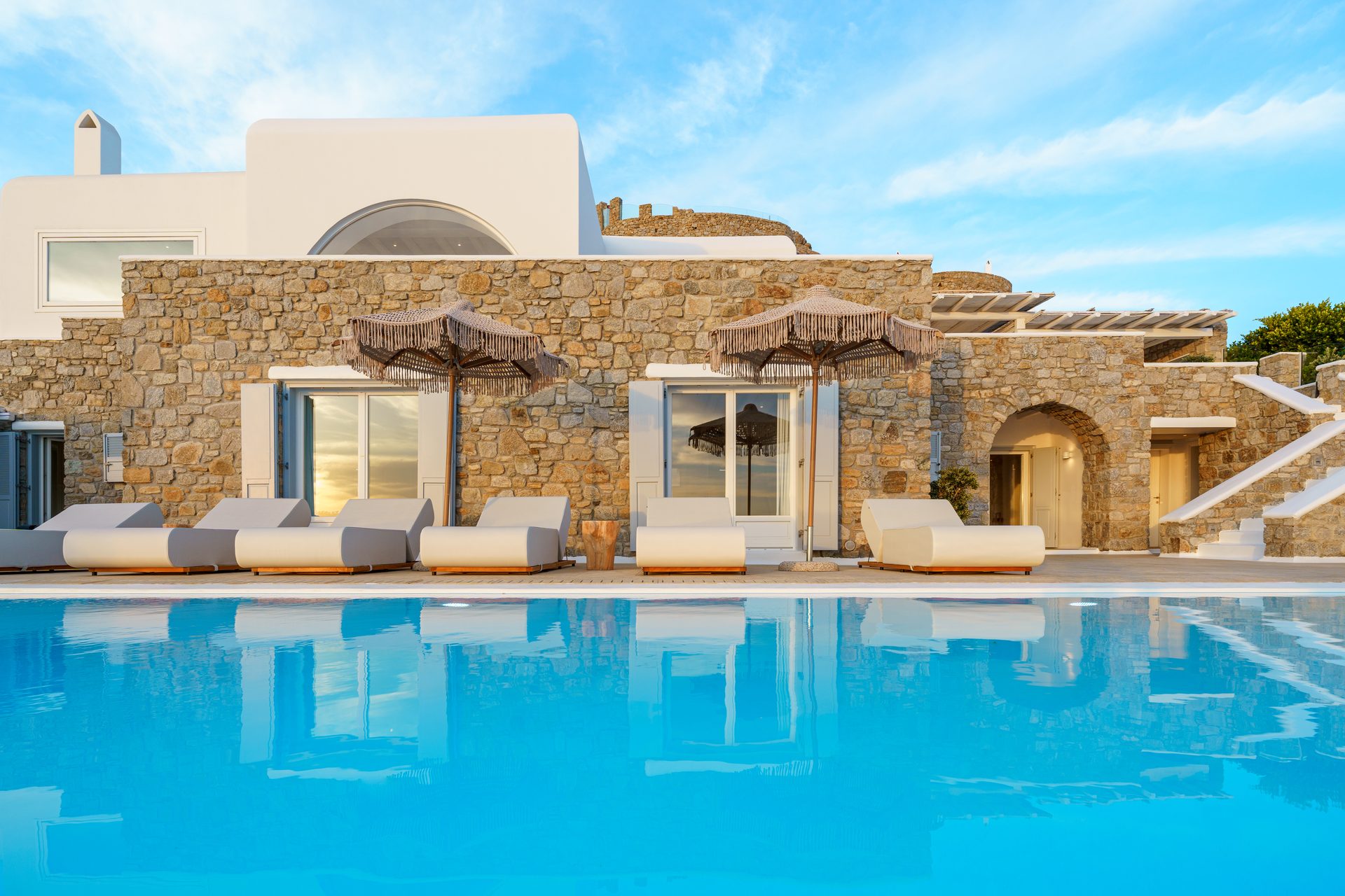 Villa facade and pool at Villa Kymothea in Agios Lazaros, Mykonos