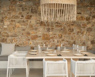 Outdoor dining under the pergola at Villa Mare Blu in Kanalia, Mykonos