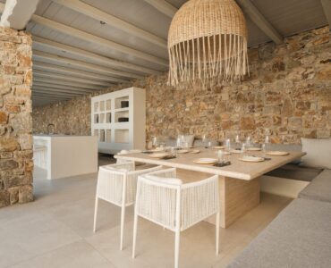 Covered dining area at Villa Mare Blu in Kanalia, Mykonos