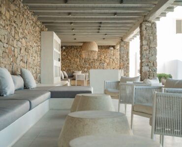 Covered outdoor lounge at Villa Mare Blu in Kanalia, Mykonos