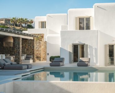 Villa facade and pool at Villa Mare Blu in Kanalia, Mykonos