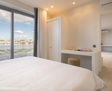 Bedroom with view over the bay at Villa Mare Blu in Kanalia, Mykonos