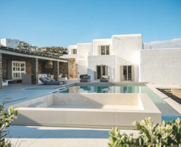 Pool terrace and villa at Villa Mare Blu in Kanalia, Mykonos