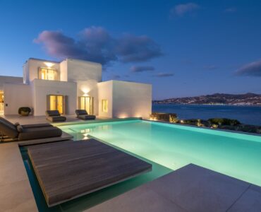 Infinity pool at dusk at Villa Mare Blu in Kanalia, Mykonos