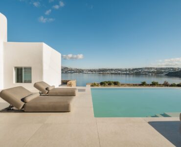 Pool terrace with sea view at Villa Mare Blu in Kanalia, Mykonos
