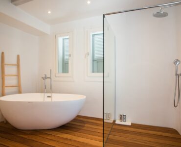 Bathroom with freestanding bathtub at Villa Nafsithoi in Agios Lazaros, Mykonos
