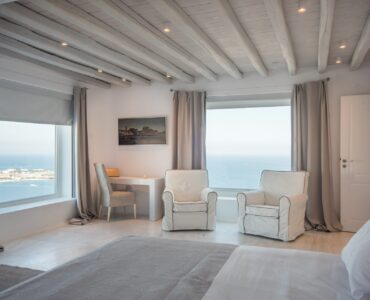 Bedroom sitting area at Villa Nafsithoi in Agios Lazaros, Mykonos