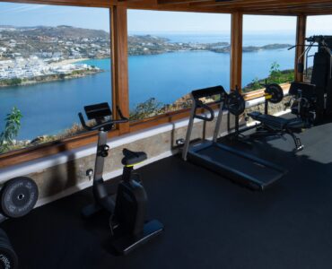 Gym with sea view at Villa Nafsithoi in Agios Lazaros, Mykonos