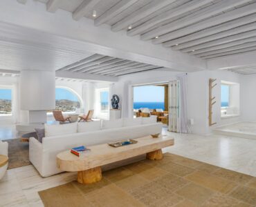 Open-plan living room at Villa Nafsithoi in Agios Lazaros, Mykonos