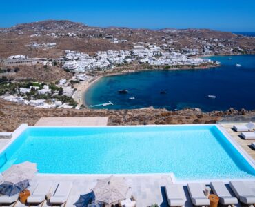 Pool overlooking Psarou at Villa Nafsithoi in Agios Lazaros, Mykonos