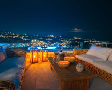 Terrace lounge at night at Villa Nafsithoi in Agios Lazaros, Mykonos