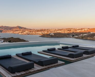 Pool at sunset at Villa Nerovino in Kanalia, Mykonos